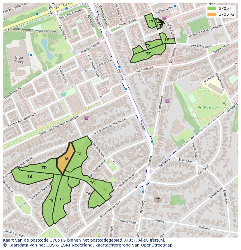Afbeelding van het postcodegebied 3705 TG op de kaart.