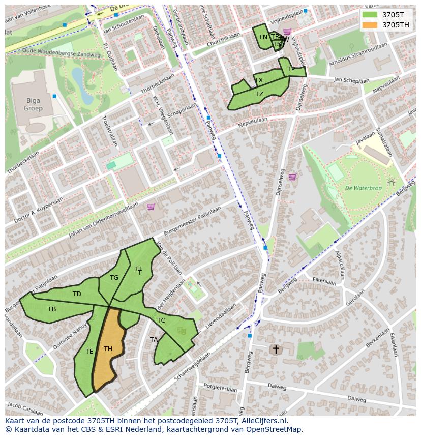 Afbeelding van het postcodegebied 3705 TH op de kaart.