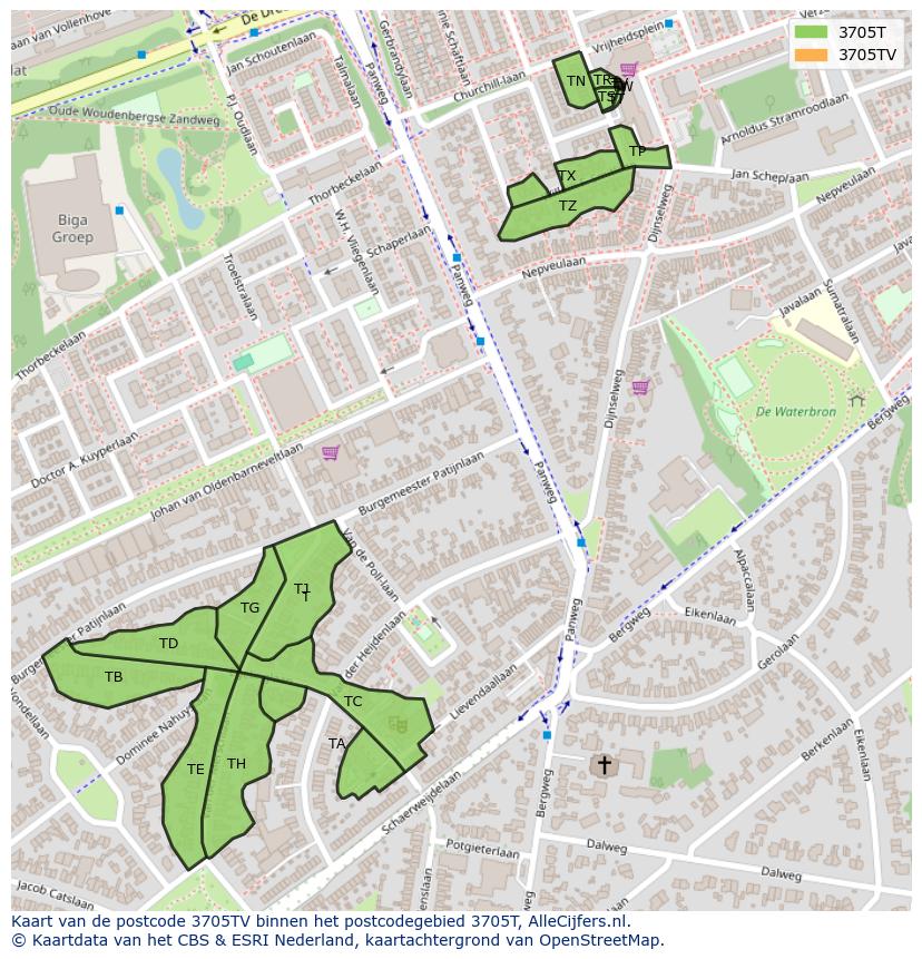 Afbeelding van het postcodegebied 3705 TV op de kaart.