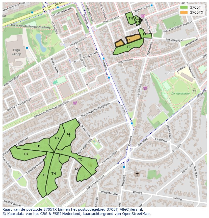 Afbeelding van het postcodegebied 3705 TX op de kaart.