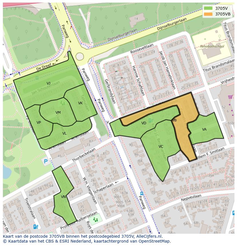 Afbeelding van het postcodegebied 3705 VB op de kaart.