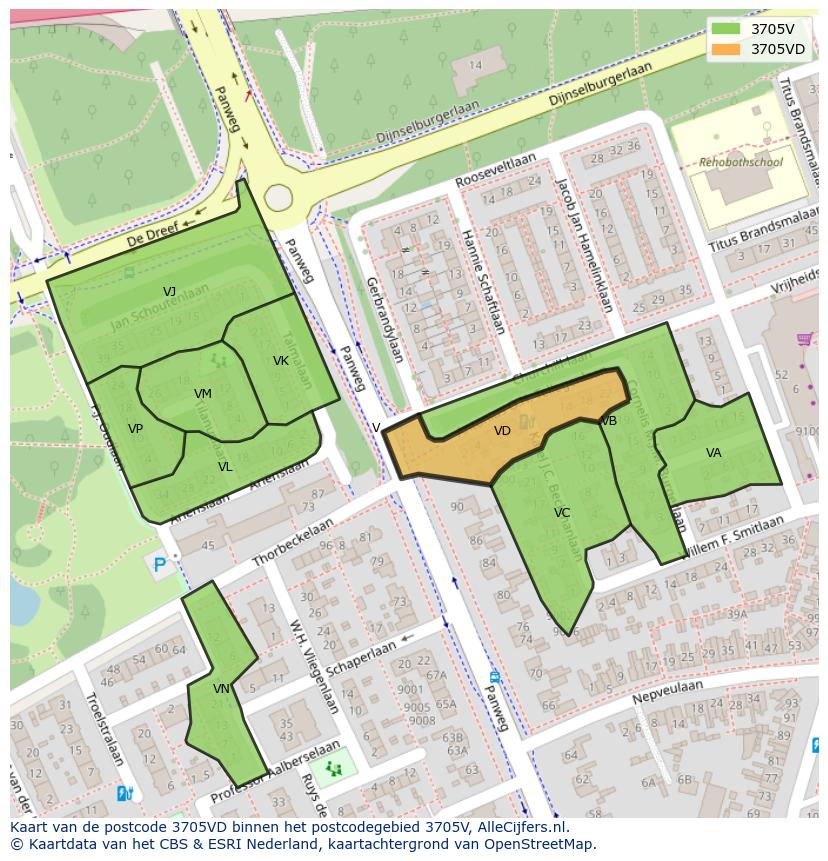 Afbeelding van het postcodegebied 3705 VD op de kaart.