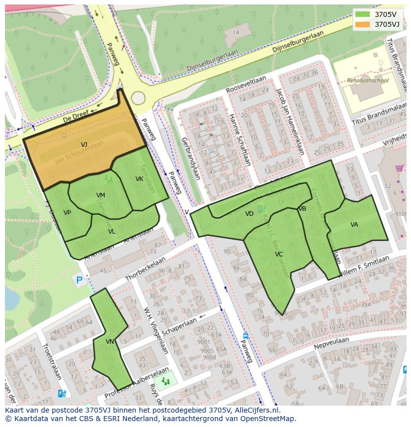 Afbeelding van het postcodegebied 3705 VJ op de kaart.