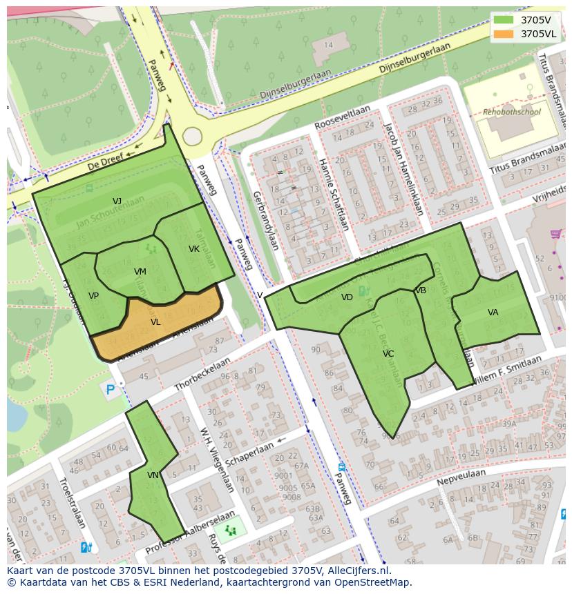 Afbeelding van het postcodegebied 3705 VL op de kaart.