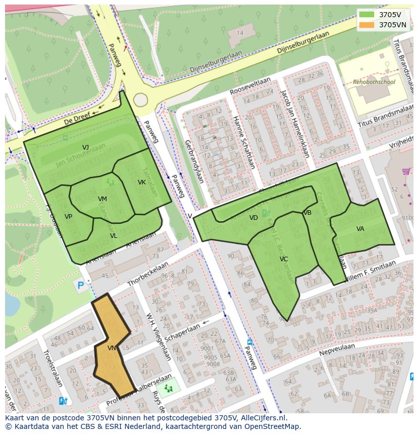 Afbeelding van het postcodegebied 3705 VN op de kaart.