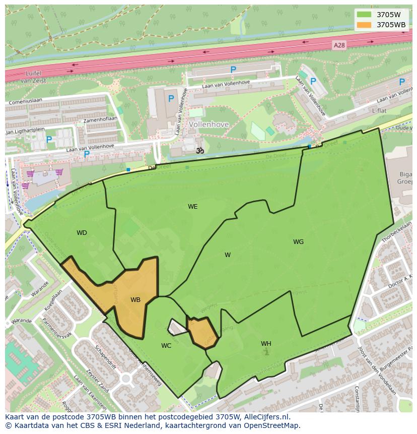 Afbeelding van het postcodegebied 3705 WB op de kaart.