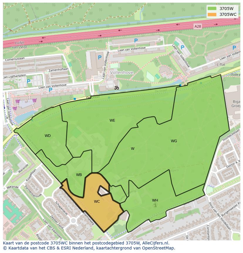 Afbeelding van het postcodegebied 3705 WC op de kaart.
