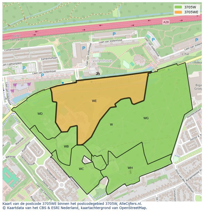 Afbeelding van het postcodegebied 3705 WE op de kaart.