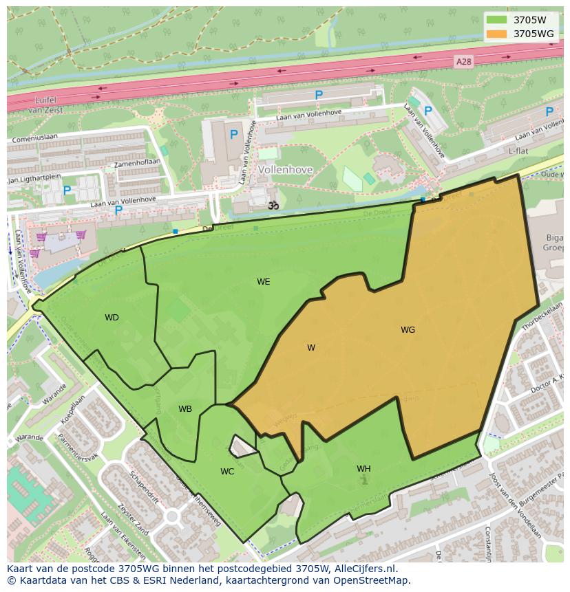 Afbeelding van het postcodegebied 3705 WG op de kaart.