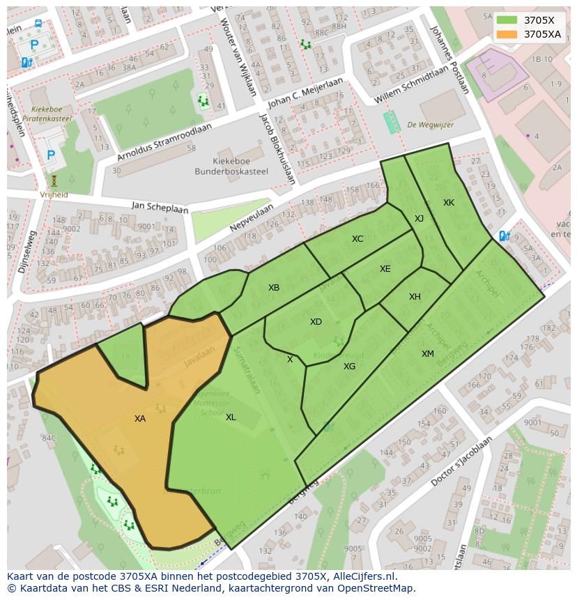 Afbeelding van het postcodegebied 3705 XA op de kaart.