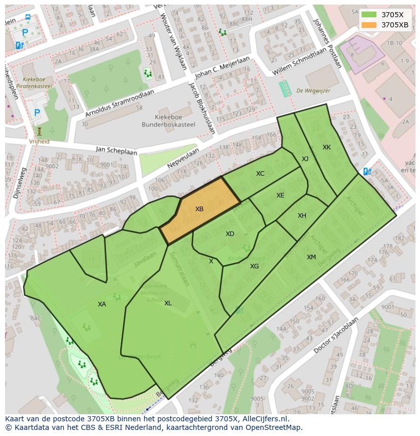 Afbeelding van het postcodegebied 3705 XB op de kaart.