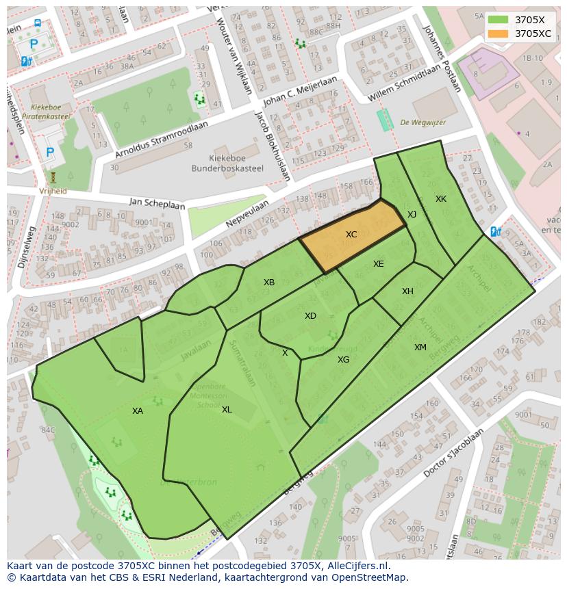 Afbeelding van het postcodegebied 3705 XC op de kaart.