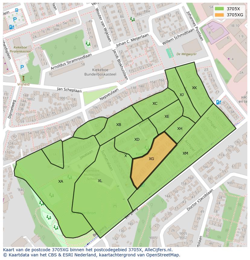 Afbeelding van het postcodegebied 3705 XG op de kaart.