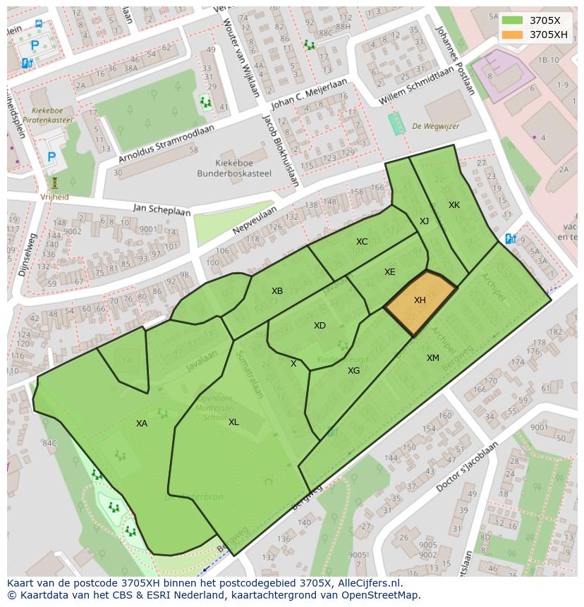 Afbeelding van het postcodegebied 3705 XH op de kaart.