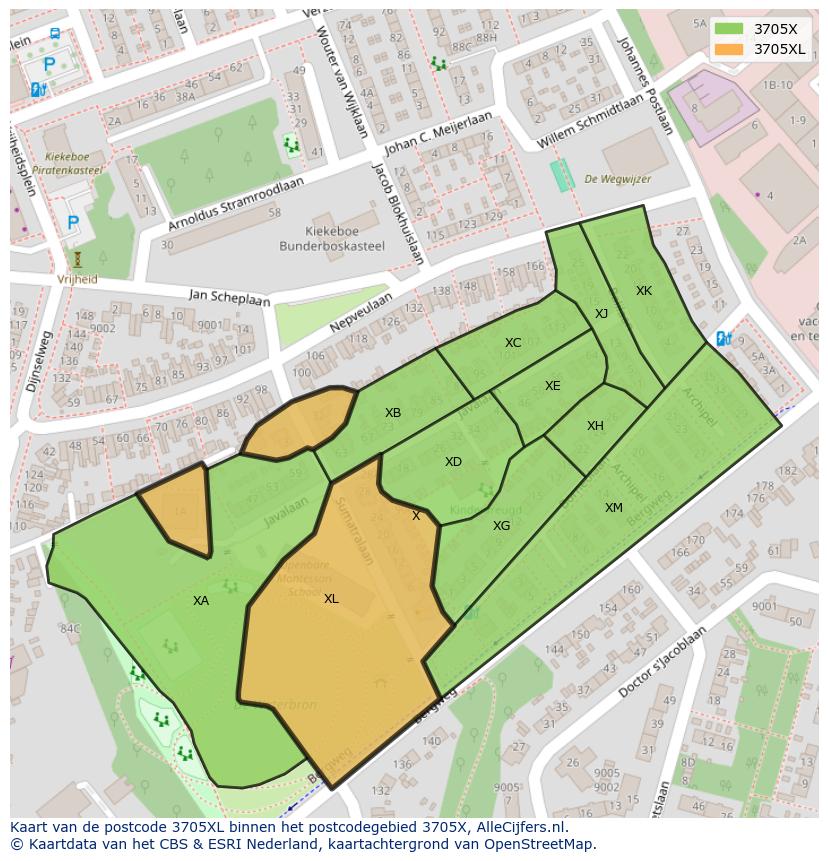 Afbeelding van het postcodegebied 3705 XL op de kaart.
