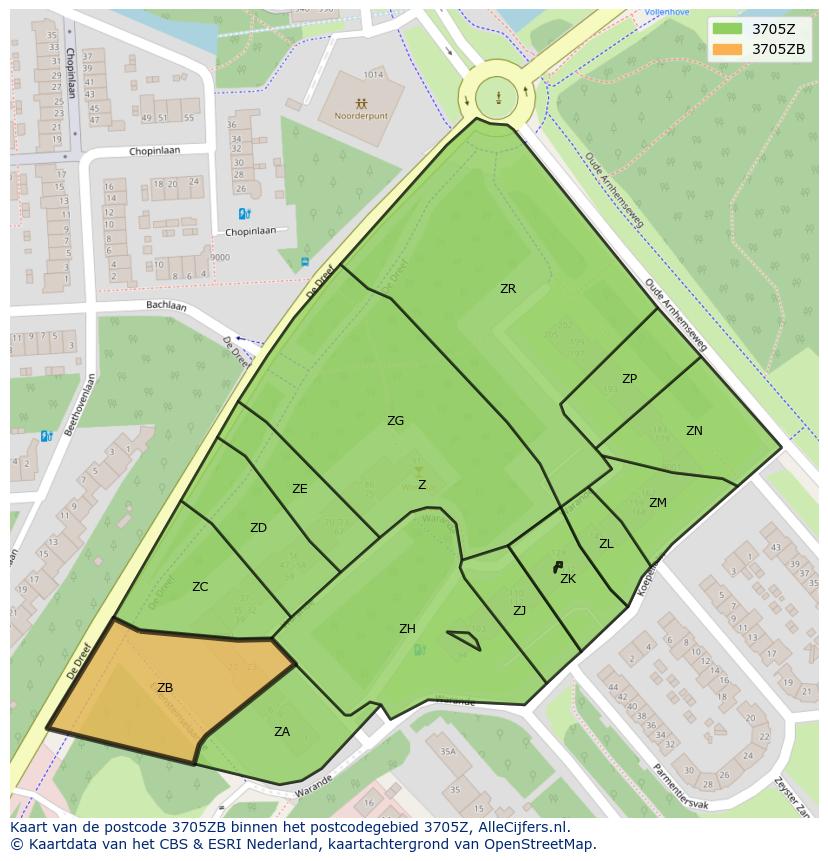 Afbeelding van het postcodegebied 3705 ZB op de kaart.