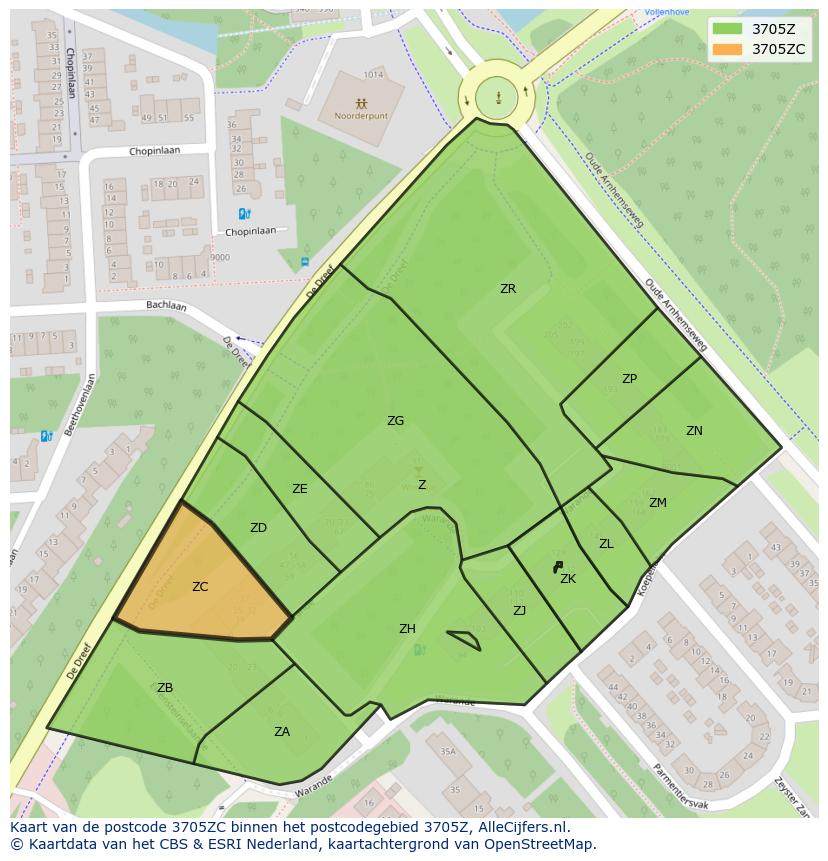 Afbeelding van het postcodegebied 3705 ZC op de kaart.