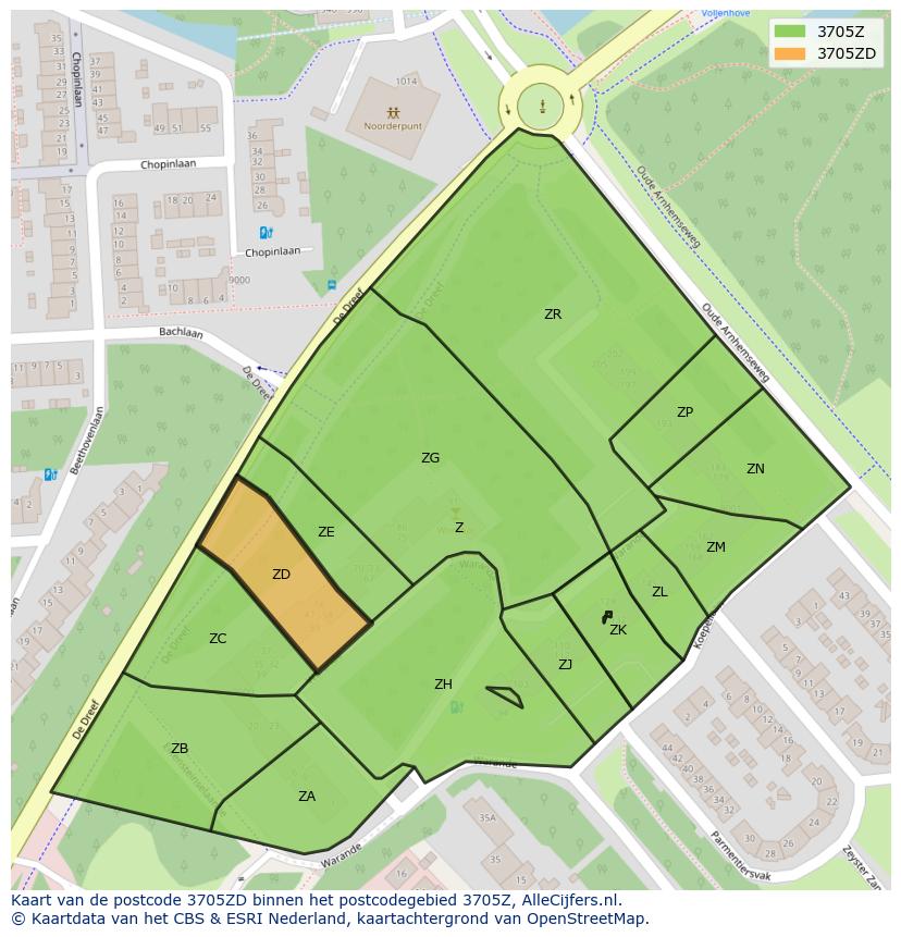Afbeelding van het postcodegebied 3705 ZD op de kaart.