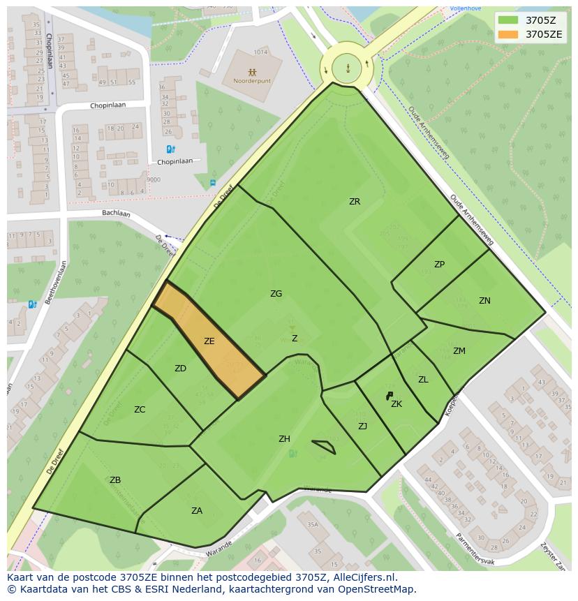 Afbeelding van het postcodegebied 3705 ZE op de kaart.