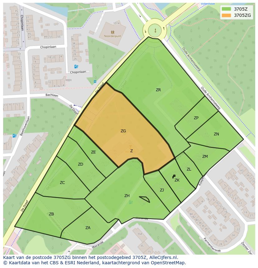 Afbeelding van het postcodegebied 3705 ZG op de kaart.