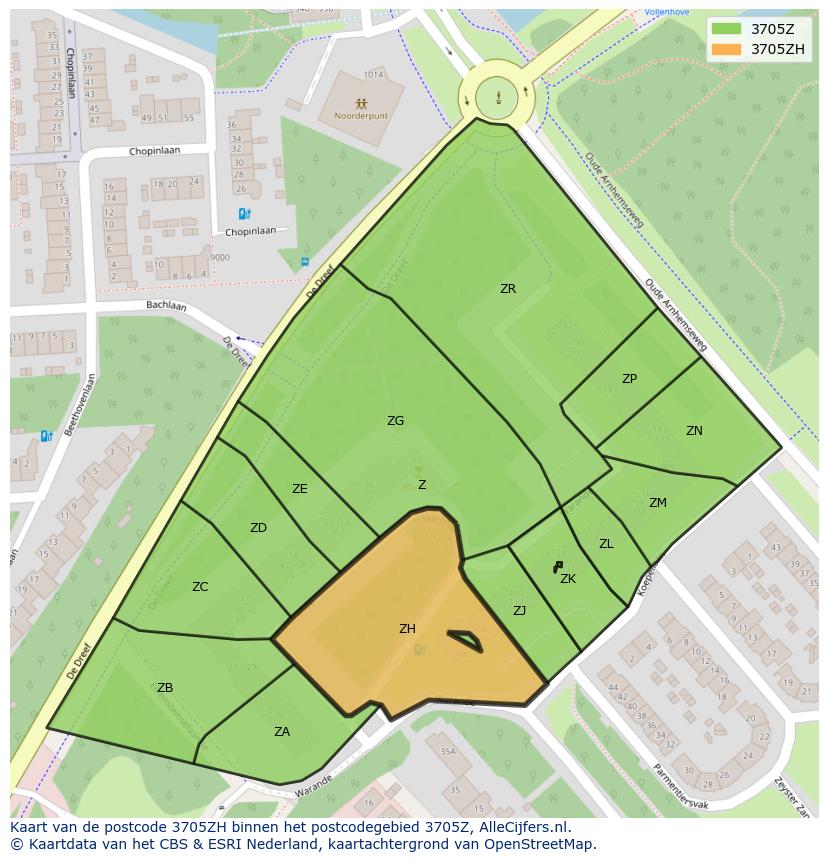 Afbeelding van het postcodegebied 3705 ZH op de kaart.