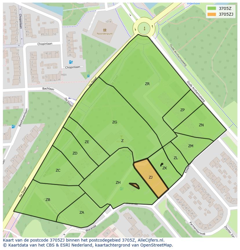 Afbeelding van het postcodegebied 3705 ZJ op de kaart.