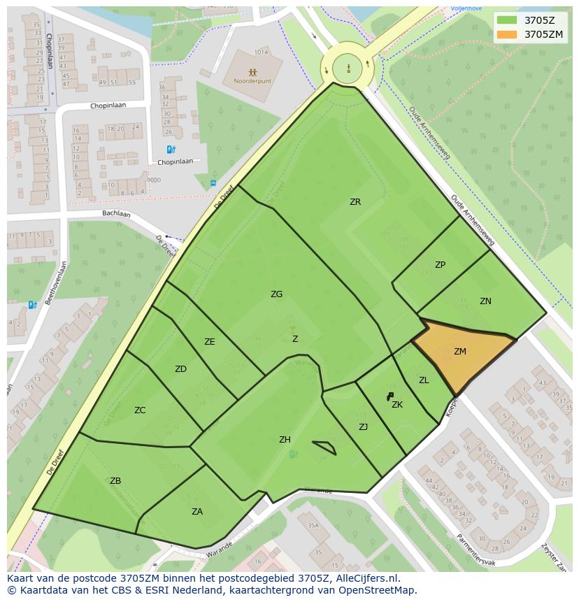 Afbeelding van het postcodegebied 3705 ZM op de kaart.