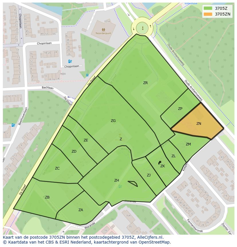 Afbeelding van het postcodegebied 3705 ZN op de kaart.