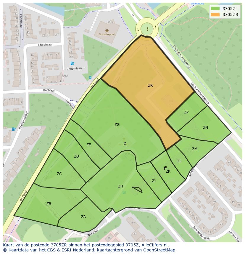 Afbeelding van het postcodegebied 3705 ZR op de kaart.
