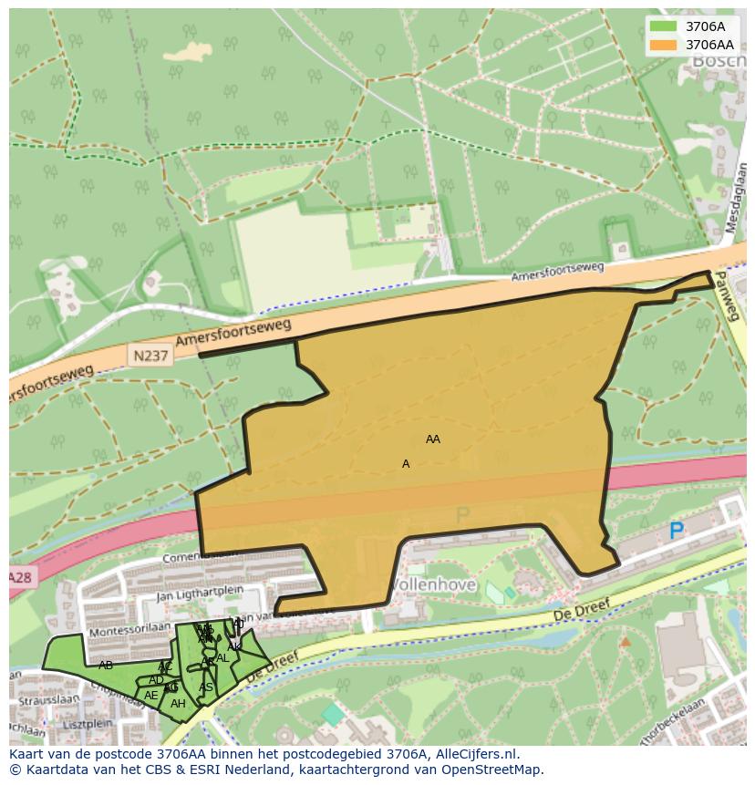Afbeelding van het postcodegebied 3706 AA op de kaart.