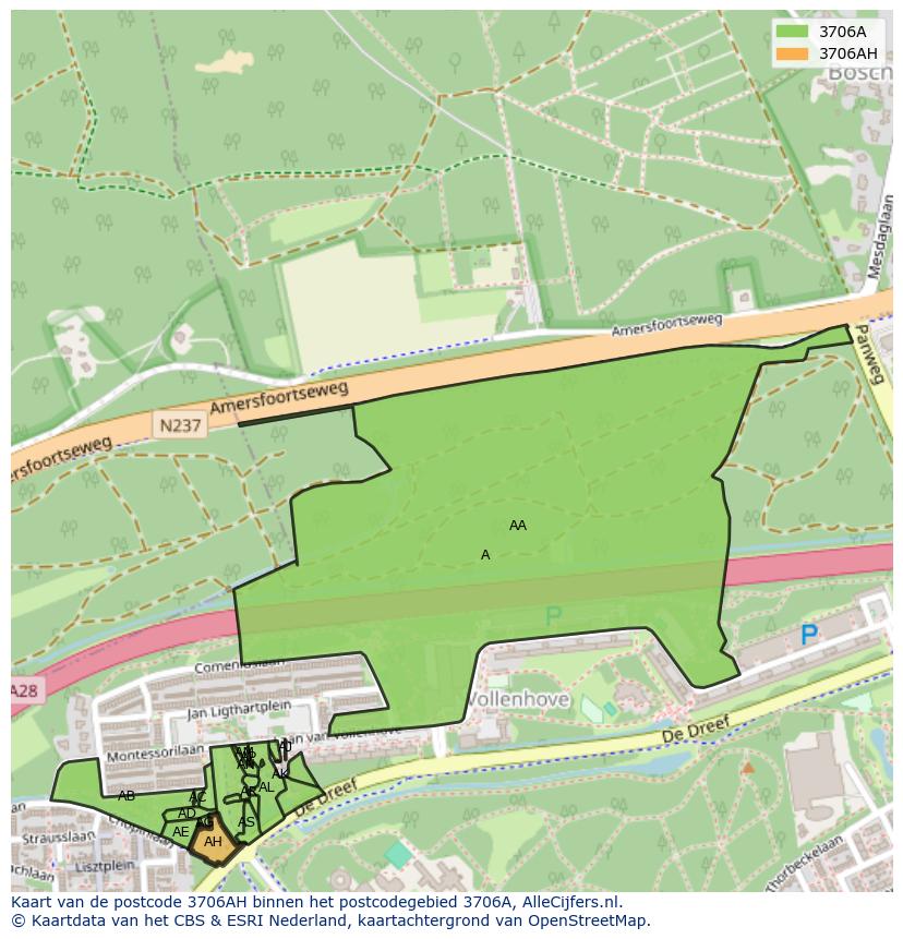 Afbeelding van het postcodegebied 3706 AH op de kaart.