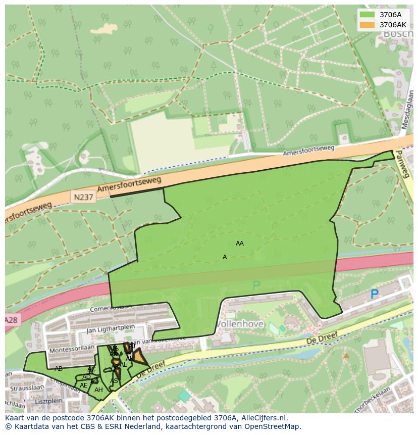 Afbeelding van het postcodegebied 3706 AK op de kaart.