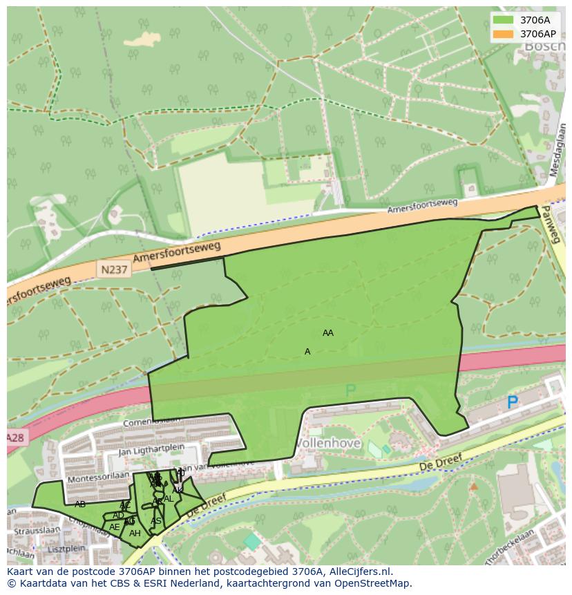 Afbeelding van het postcodegebied 3706 AP op de kaart.