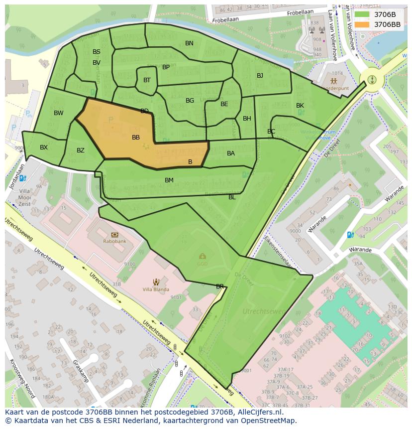 Afbeelding van het postcodegebied 3706 BB op de kaart.