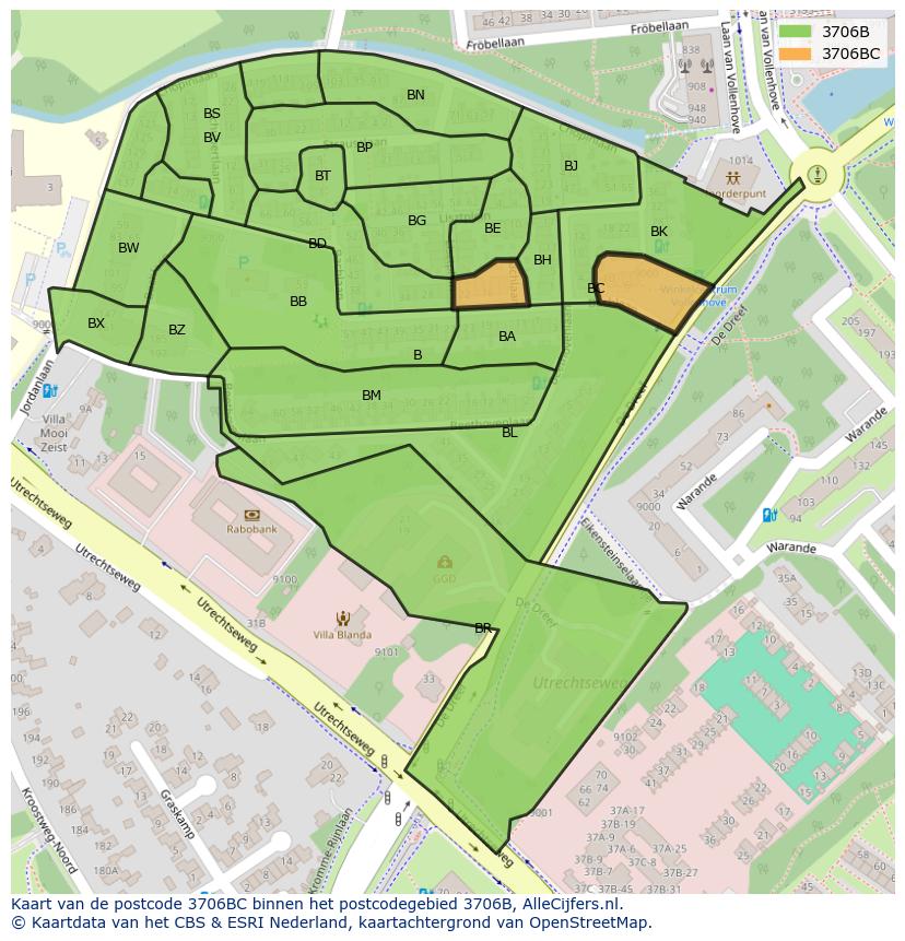 Afbeelding van het postcodegebied 3706 BC op de kaart.