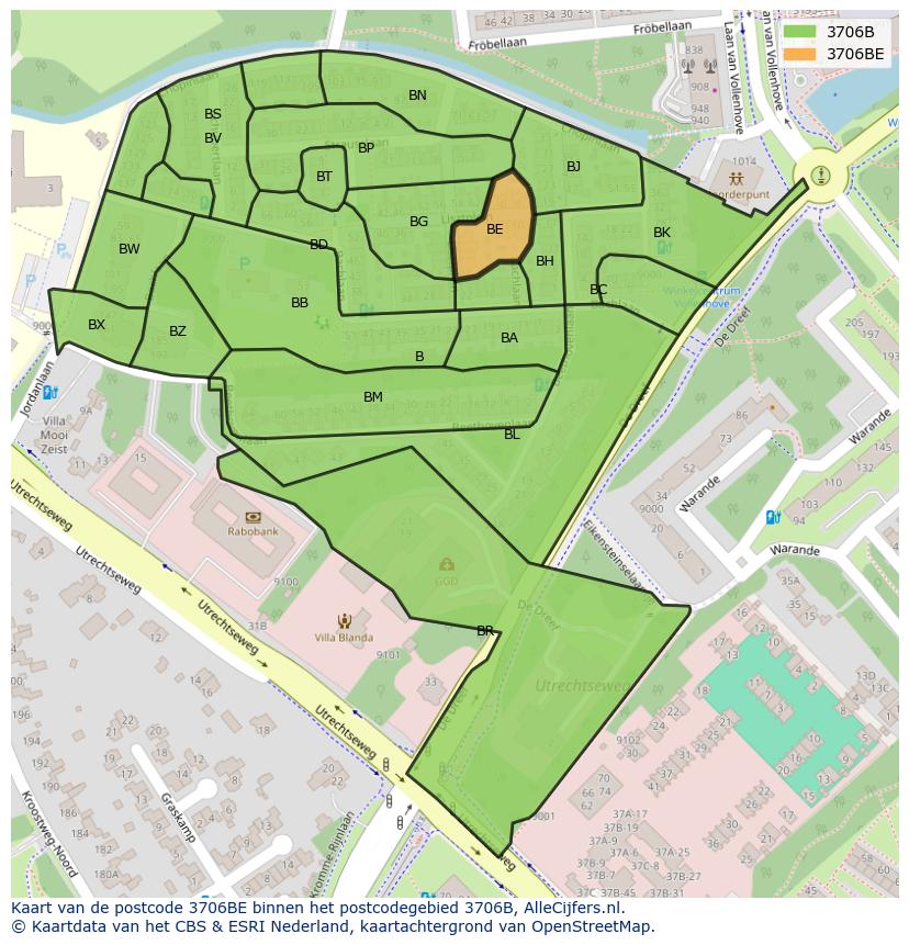 Afbeelding van het postcodegebied 3706 BE op de kaart.
