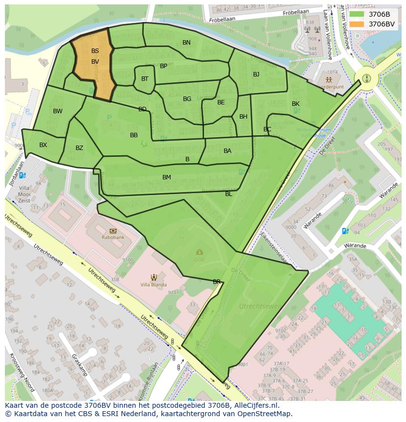 Afbeelding van het postcodegebied 3706 BV op de kaart.