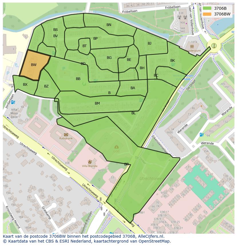 Afbeelding van het postcodegebied 3706 BW op de kaart.