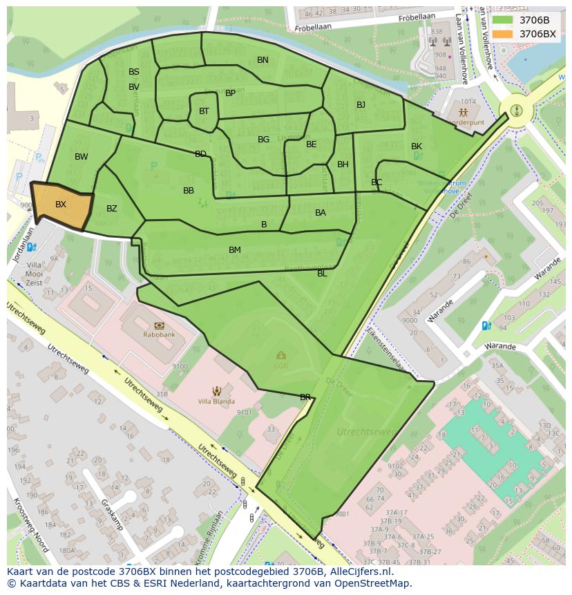 Afbeelding van het postcodegebied 3706 BX op de kaart.