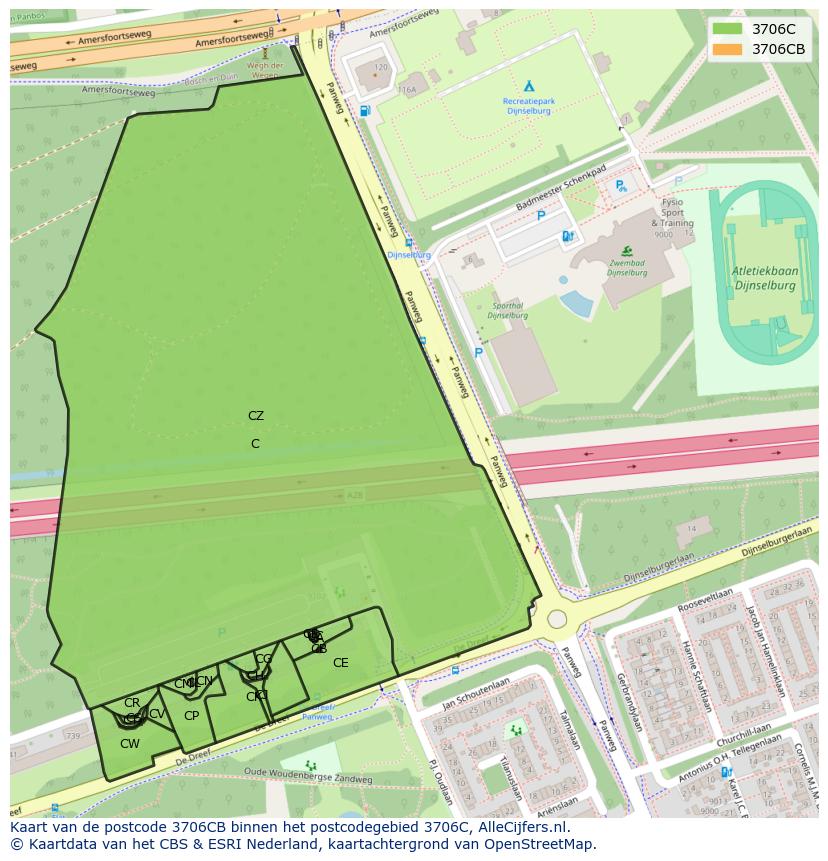 Afbeelding van het postcodegebied 3706 CB op de kaart.