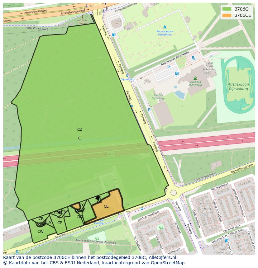 Afbeelding van het postcodegebied 3706 CE op de kaart.