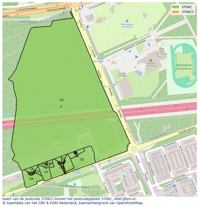 Afbeelding van het postcodegebied 3706 CJ op de kaart.