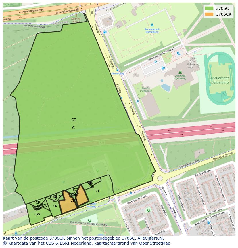 Afbeelding van het postcodegebied 3706 CK op de kaart.