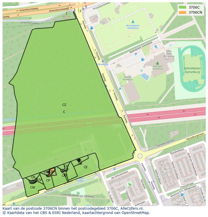 Afbeelding van het postcodegebied 3706 CN op de kaart.