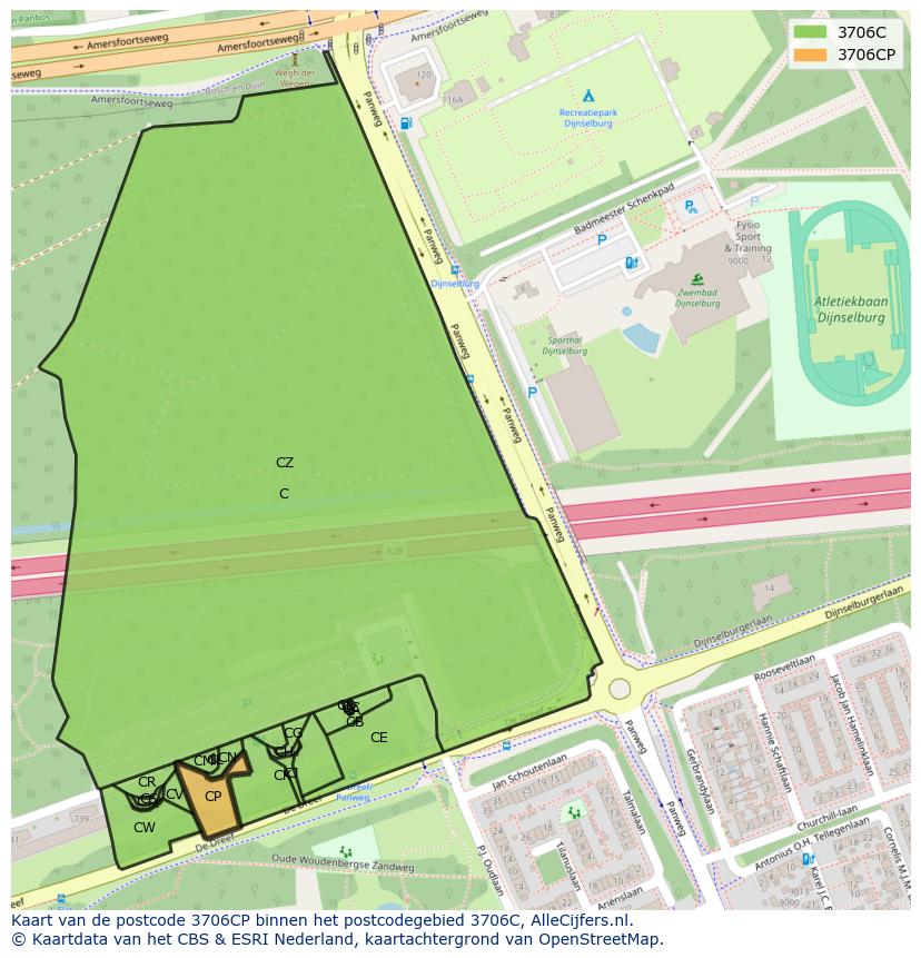 Afbeelding van het postcodegebied 3706 CP op de kaart.