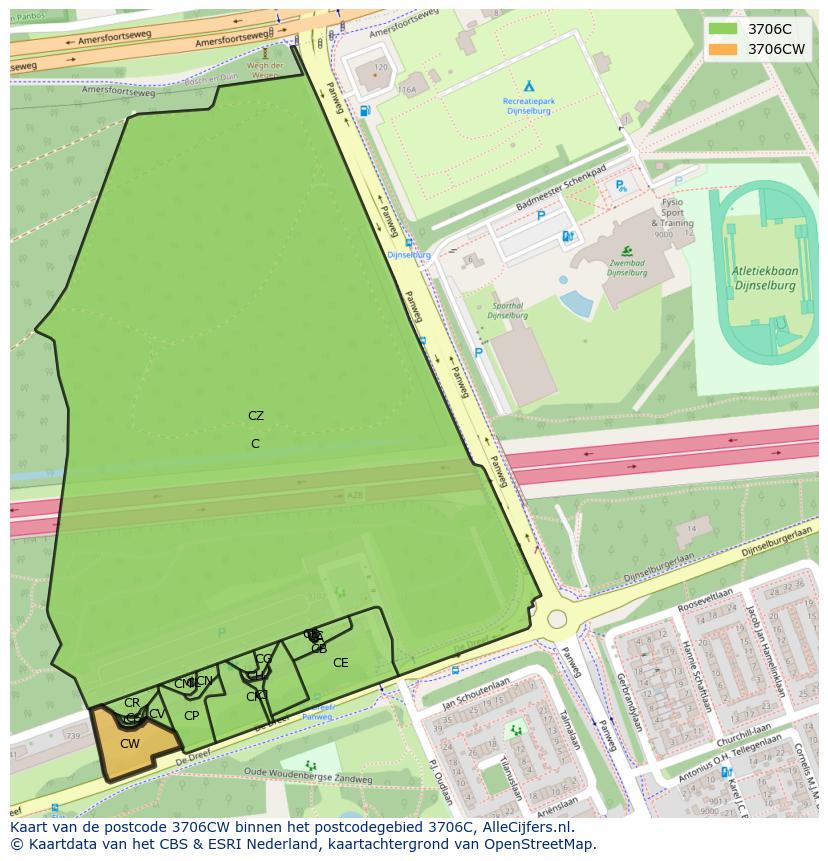Afbeelding van het postcodegebied 3706 CW op de kaart.