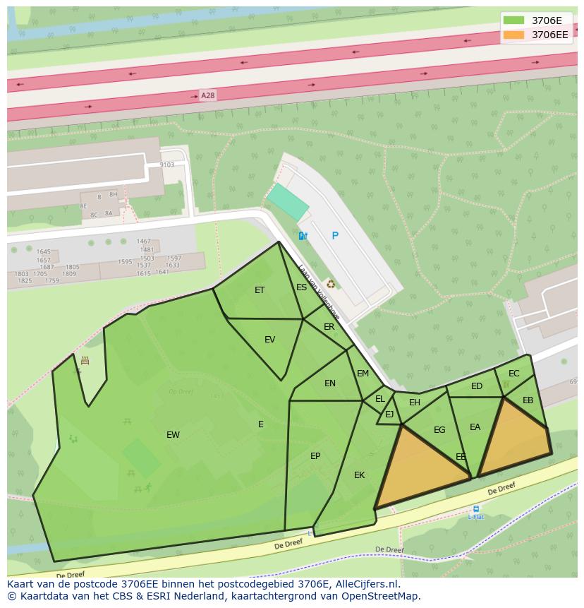 Afbeelding van het postcodegebied 3706 EE op de kaart.