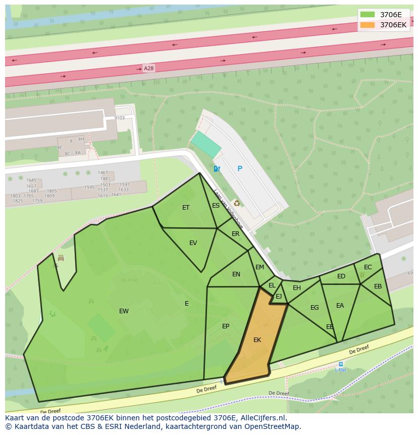 Afbeelding van het postcodegebied 3706 EK op de kaart.