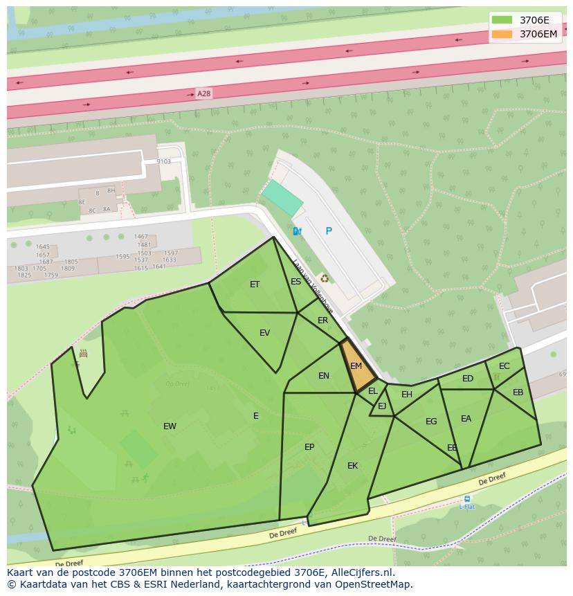 Afbeelding van het postcodegebied 3706 EM op de kaart.