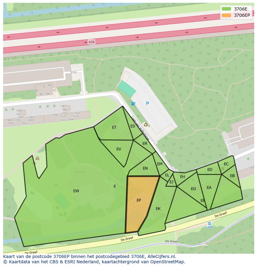 Afbeelding van het postcodegebied 3706 EP op de kaart.